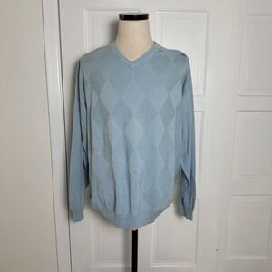 Northern Isles Sweater Mens 2XL Light Blue V Neck Argyle Cotton Knit Pullover